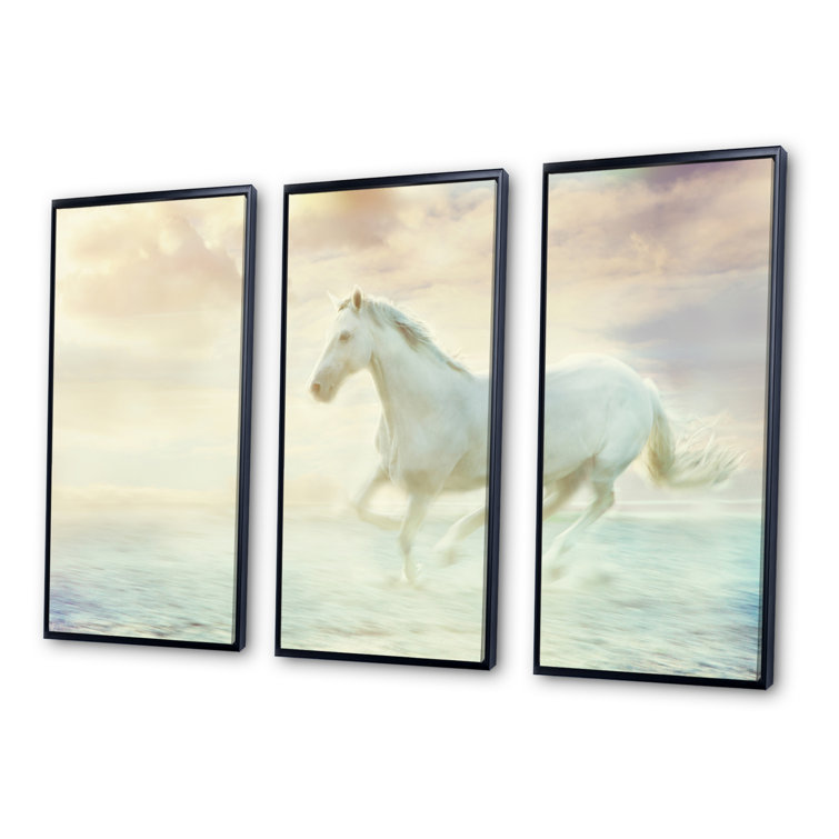 Highland Dunes Fantasy White Horse Framed On Canvas 3 Pieces Graphic Art Wayfair